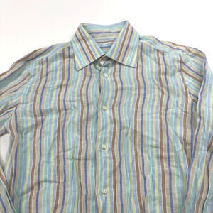 Giampaolo 16.5/36 Linen Cotton Button Long Sleeve Striped Casual Shirt Green